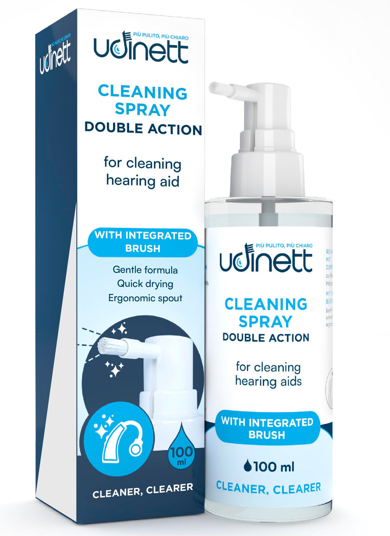 Hearing Aid Cleaning Spray with Included Brush 100ml Udinett Sanitizer for Cleaning Earmolds Replacement Domes Earplugs Quick Drying Eliminates Bacteria and Earwax Dust