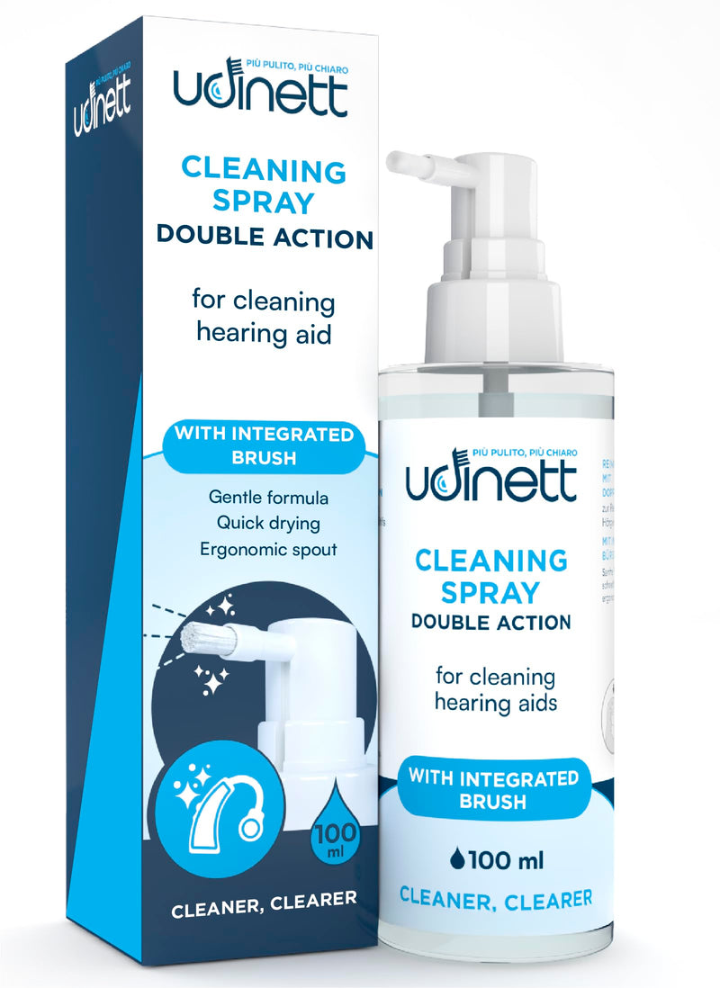 Hearing Aid Cleaning Spray with Included Brush 100ml Udinett Quick Drying Eliminates Bacteria and Earwax Dust Sanitizer for Daily Cleaning Earmolds Replacement Domes Earplugs