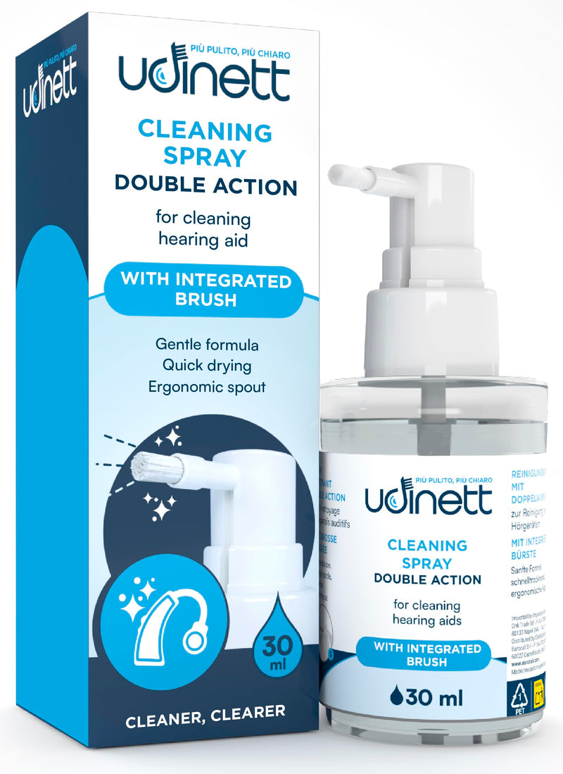Hearing Aid Cleaning Spray 30ml with Included Brush Udinett for Daily Cleaning Earphones Bluetooth Headphones Sanitizing Gentle Formula Removes Earwax and Dirt