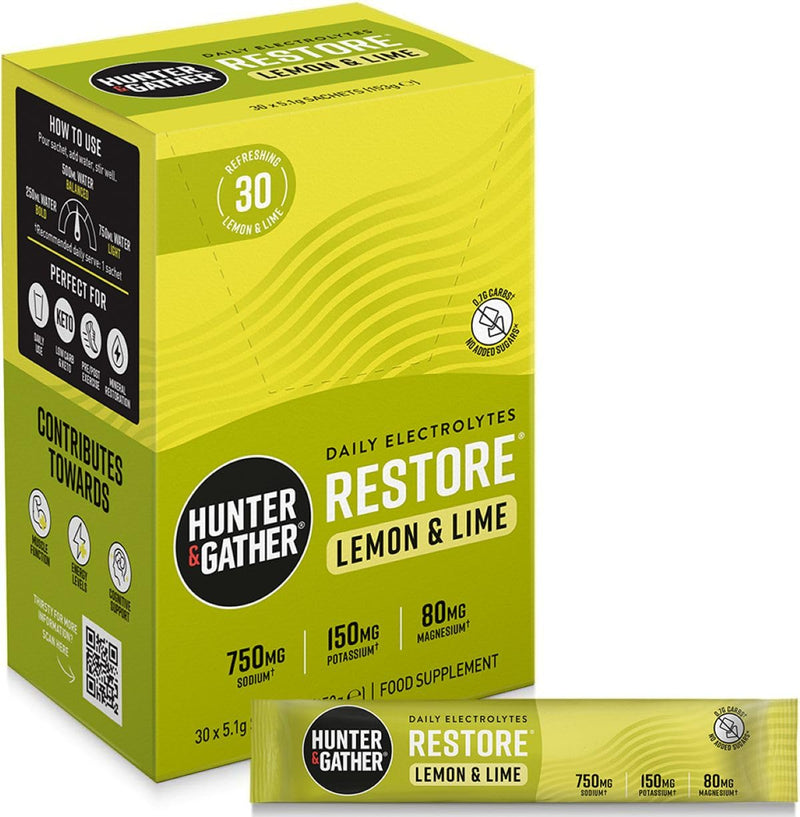 Hunter & Gather Restore Electrolytes Sachets x 30 I No Added Sugar or Artificial Sweeteners I 100% Natural Hydration I Optimal Mineral Ratio with Pink Himalayan Salt I Keto I with Natural Monk Fruit Lemon & Lime