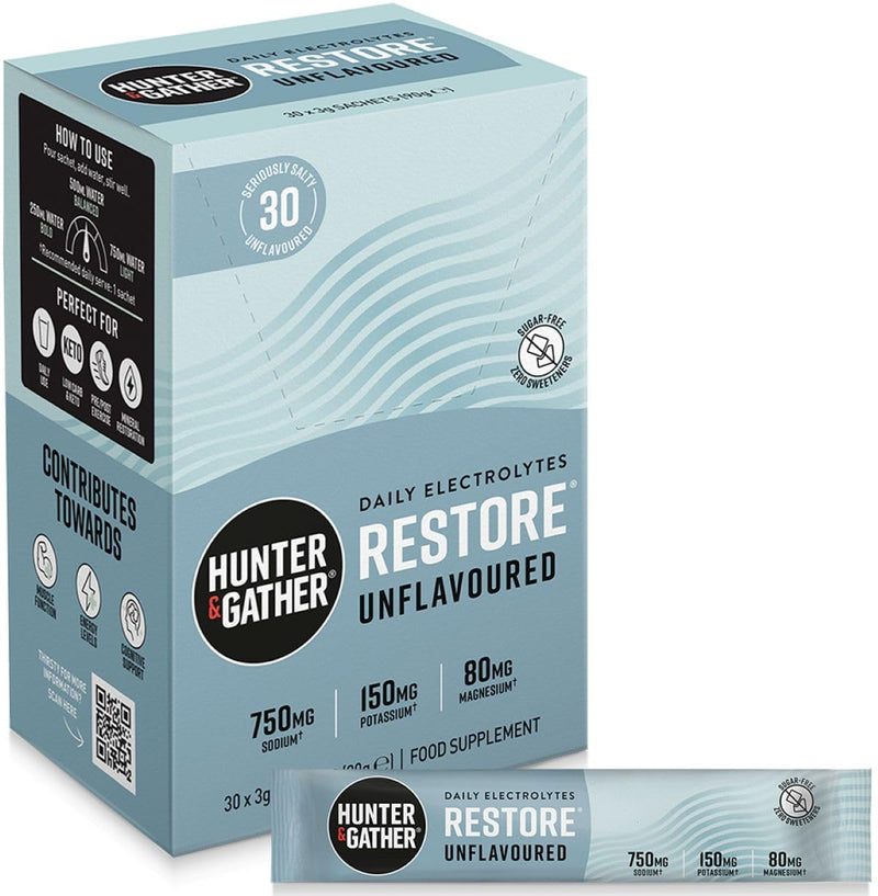 Hunter & Gather Restore Electrolytes Sachets x 30 I No Added Sugar or Artificial Sweeteners I 100% Natural Hydration I Optimal Mineral Ratio with Pink Himalayan Salt I Keto I with Natural Monk Fruit Unflavoured