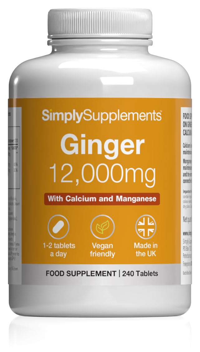 Ginger Tablets | Supports Joints, Bones & Energy | with Added Calcium & Manganese | 240 High-Strength Tablets = 4 Months’ Supply | Joint and Digestive Support | GMP-Certified & UK-Made Unflavoured 1 count (Pack of 240)