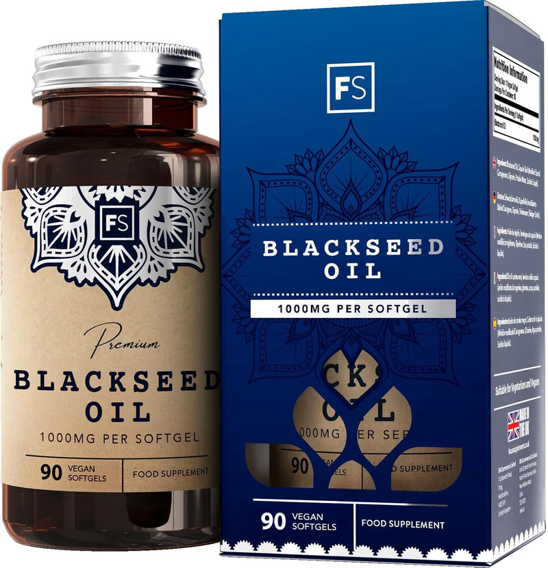 FS Black Seed Oil | 90 High Strength Black Seed Oil Softgel Capsules - 1000mg Blackseed per Capsule | Softgels for Increased Absorption | Non-GMO,Gluten & Allergen Free | Manufactured in the UK