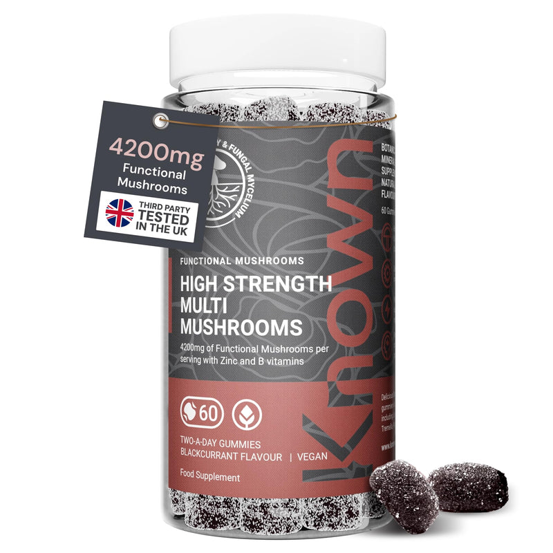 Known 4,200mg High Strength Multi Mushroom Gummies – Blackcurrant Flavour – Lions Mane, Reishi, Cordyceps, Chaga, Maitake, Tremella – Brain, Focus, Immune – 1 Month Supply – Vegan Supplement High Strength 4200mg Bottle