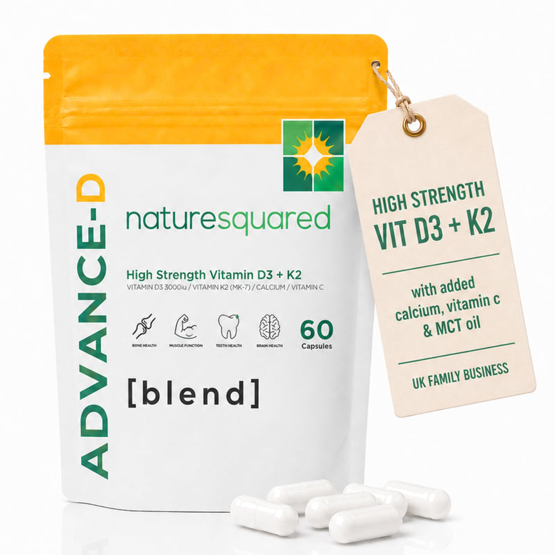 Advance-D [Blend]: Premium Vitamin D3 3000IU + K2 200ug (MK7) with Calcium, Vitamin C & MCT Oil - 60 High Strength Capsules - 2 Month Supply - Non GMO - Gluten Free - GMP - UK Made