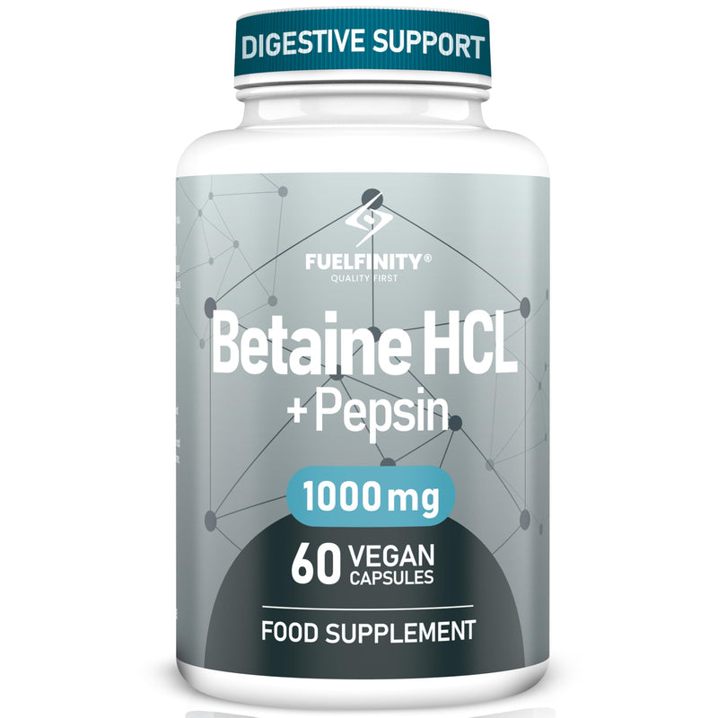 Betaine HCl Pepsin - 1000 mg - 60 Capsules - High Strength for Sensitive Digestion - Clean Betaine Hydrochloride to Support Protein Breakdown - FuelFinity® Superlative Quality 1 count (Pack of 60)