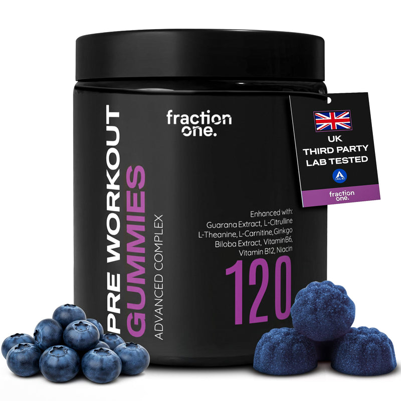 Fraction One Pre Workout Gummies - 120 Gummies - Energy Focus Support Complex With Guarana, L Theanine, L Citrulline, Vitamins B6, B12 & Niacin Performance & Endurance - Berry - Vegan - 60 Days Supply