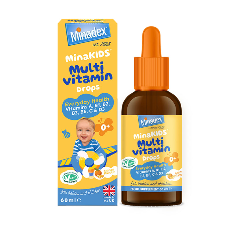 MinaKIDS Multivitamin Drops for Babies & Kids 60 ml – 7 Essential Vitamins to Support Brain Function, Growth, Immune Health for Kids 0-12 Years. Yummy Orange Flavour, Vegan, Dropper Included