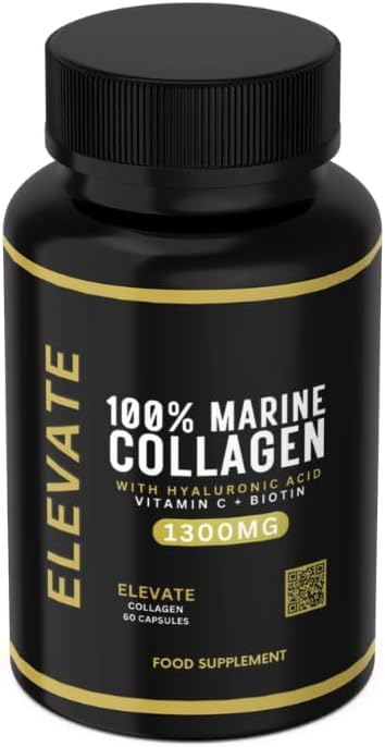 Elevate Supplements 100% Marine Collagen (Type 1), 60 Capsules | Added Hyaluronic Acid, Vitamin C & Biotin for Skin, Hair, Nail, Joint & Nervous System Support | Multi-Benefit Beauty Supplement