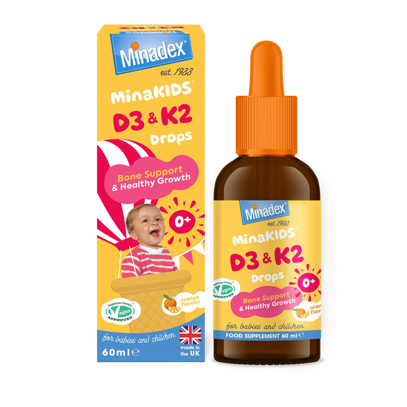 MinaKIDS D3 & K2 Drops – Delicious Orange Flavoured Supplement with 400 I.U D3, Essential Bone & Immune Support Vitamins for Babies and Children, Sugar-Free, Vegan, 60ml