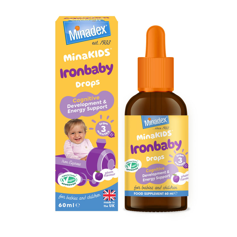 MinaKIDS Ironbaby Drops – Tasty Plum Flavoured Everyday Iron Supplement for Babies and Children, Minimal Iron Aftertaste, Supports Immune Health, Sugar-Free, Vegan, 60ml