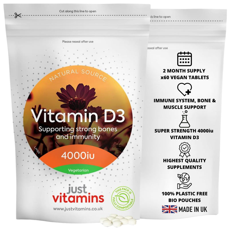 Vitamin D3 4000iu (100µg) | 60 Tablets | High Strength Cholecalciferol | Supports Immune System, Bone & Muscle Health | Easy to Swallow | UK Made Premium Quality | Just Vitamins