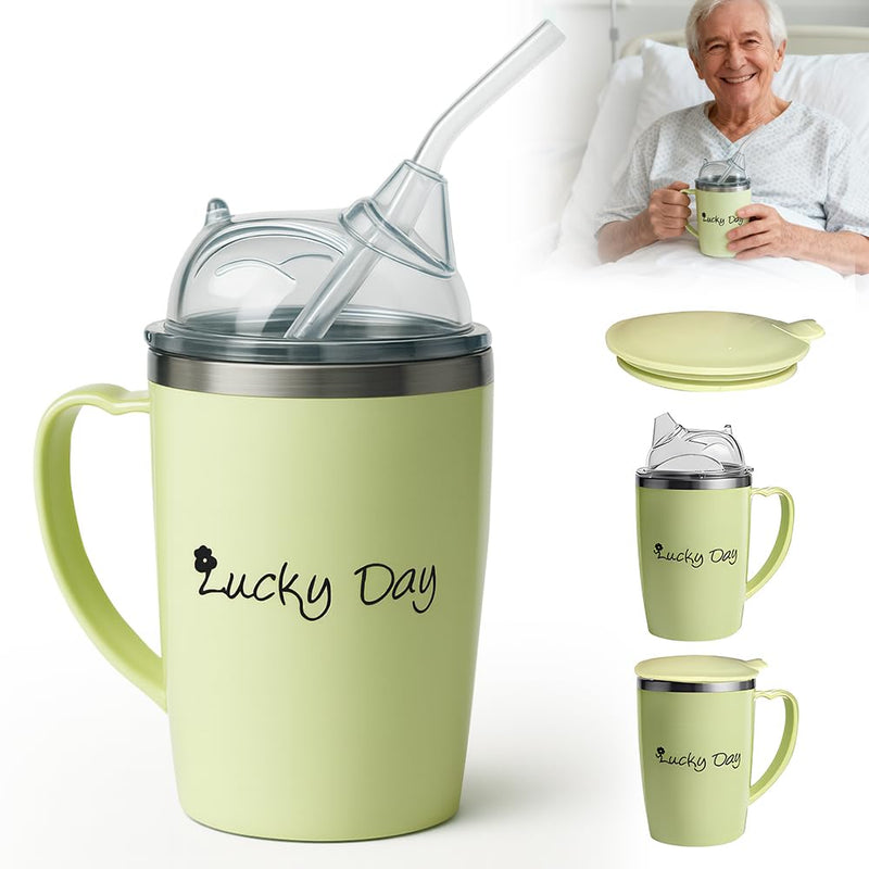 350ml Adult Sippy Cup, 3-in-1 Elderly Spill Proof Cups, Beakers for Elderly with Lid and 30cm Straw, Spill Proof Adult Sippy Cup with Handle,Stainless Steel Dysphagia Cups for Elderly Patient Green
