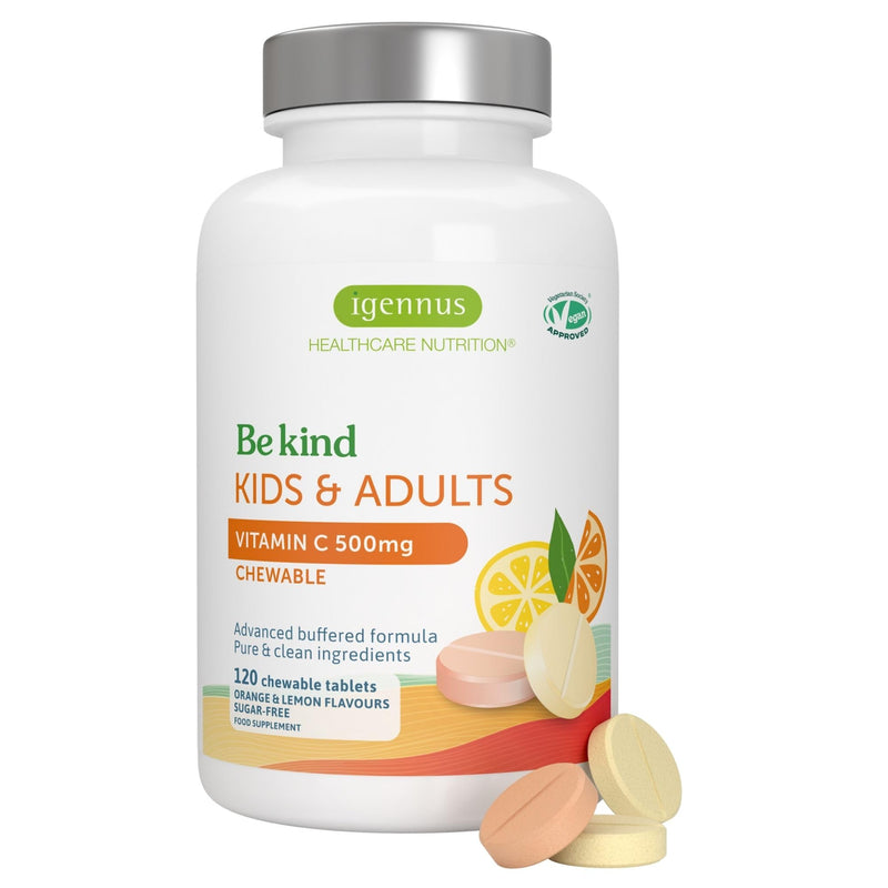 Igennus Advanced Vitamin C 500mg Chewable Tablets, 120–240 Servings for Kids & Adults, Gentle Buffered 2 in 1 High Absorption Forms, Sugar-Free Citrus Flavours, Vegan