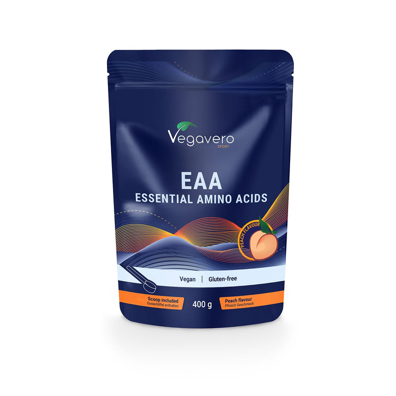 Vegavero EAA Amino Acids Powder | All 9 Essential Aminoacids: BCAAs + Leucine | Sugar Free Peach Flavour | 400g Workout Supplement | NO Additives | Vegan