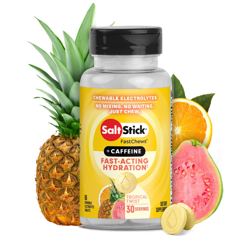 SaltStick Chewable Electrolytes with Caffeine - 60 Tropical Twist Electrolyte Energy Tablets - Just Chew It, Electrolyte Energy Chews for Hydration - 60 Count 60 Tablets