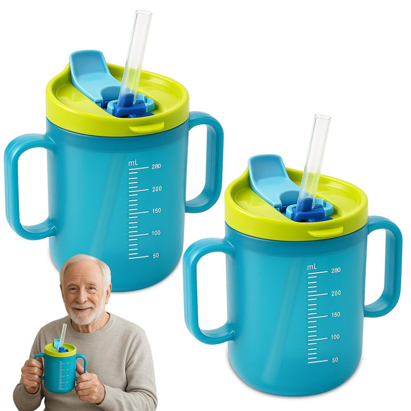 2 PCS Elderly Spill Proof Cups, 280 ml Unspillable Cup with 2 Handles, Elderly Drinking Cup, Feeding Cup Drinking Cup with Lid and Straw, Adult Sippy Cups for The Elderly Non Spill (Blue) Blue(2pcs)