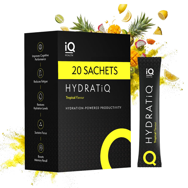 Nootropic Productivity Drink for Focus & Hydration - Healthy Energy Drink/Coffee Replacement with Natural Caffeine, L-Theanine, Bacopa Monnieri & Electrolytes - 20 Sachets - HYDRATiQ by iQ HEALTH Tropical 20 Pack