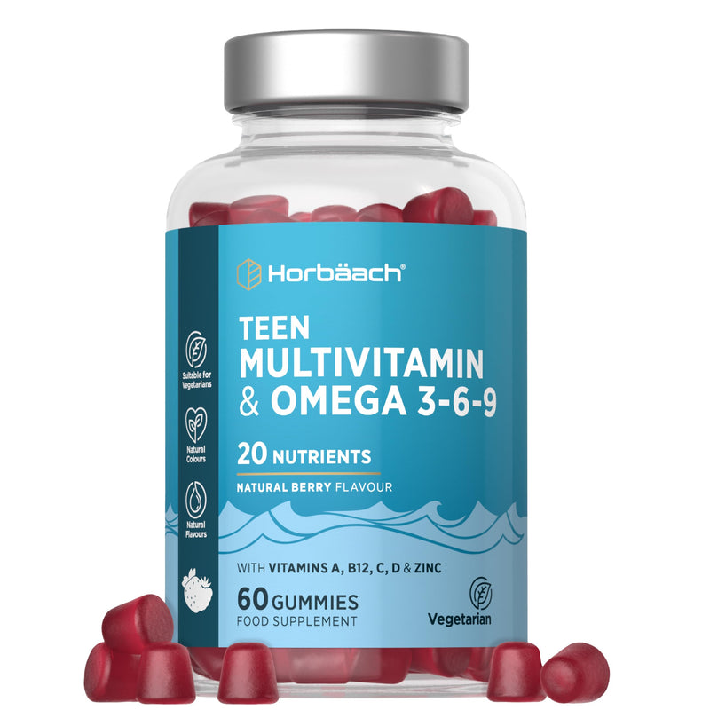 Teen Multivitamin Gummies | 60 Count | 20 Nutrients with Added Omega 3 6 9 | Berry Flavoured Supplement for Teenage Boys and Girls | Vegetarian | By Horbaach