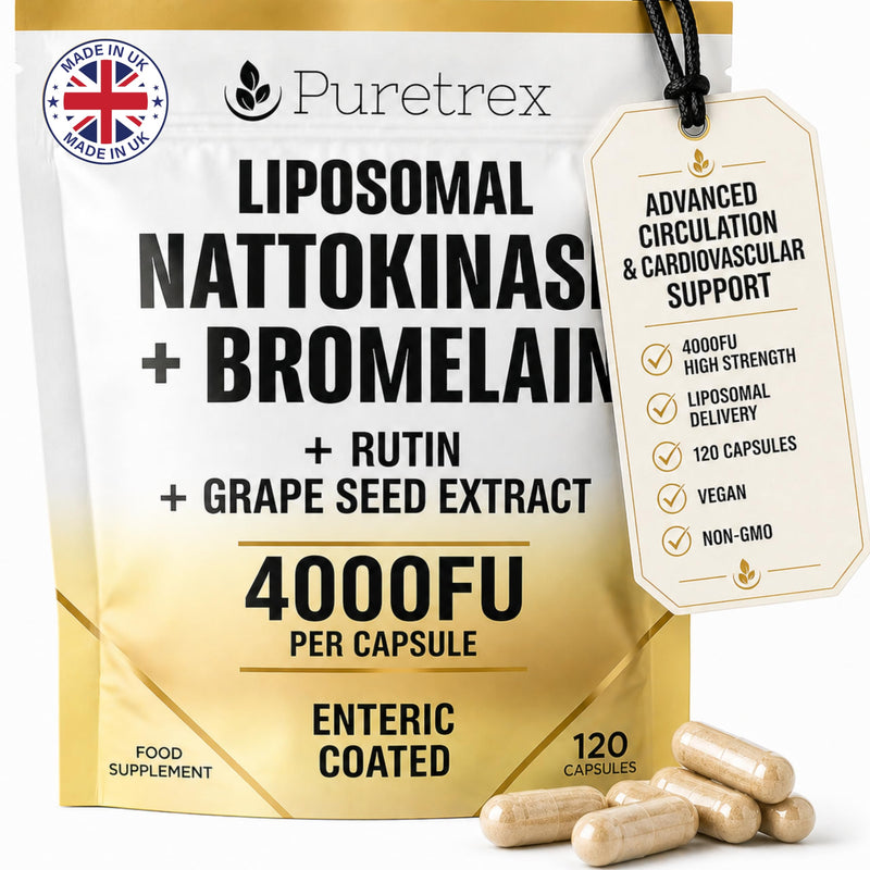 Puretrex Liposomal Nattokinase 4000FU Bromelain Capsules, UK Made, 120 Enteric Coated Capsules with Rutin and Grape Seed Extract for Advanced Circulation and Cardiovascular Support, Vegan