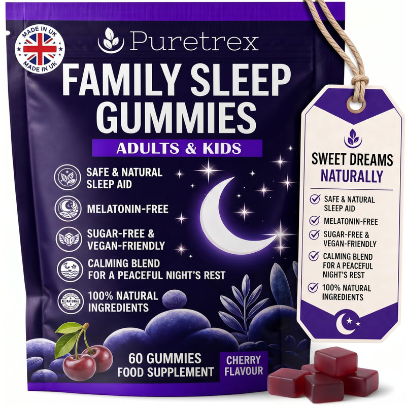 Puretrex Sleep Gummies for Kids and Adults, 60 Cherry Gummies, Natural Calming Blend with Magnesium Ashwagandha L-Theanine Chamomile Passionflower, No Melatonin, Sugar Free, Vegan, UK Made