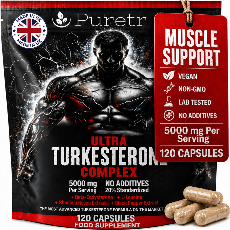 Turkesterone Ultra Complex 5000mg Vegan Capsules, Beta Ecdysterone L Leucine Rhodiola BioPerine, Plant Based Daily Supplement, Clean Non GMO Formula, Made in UK, 120 Capsules