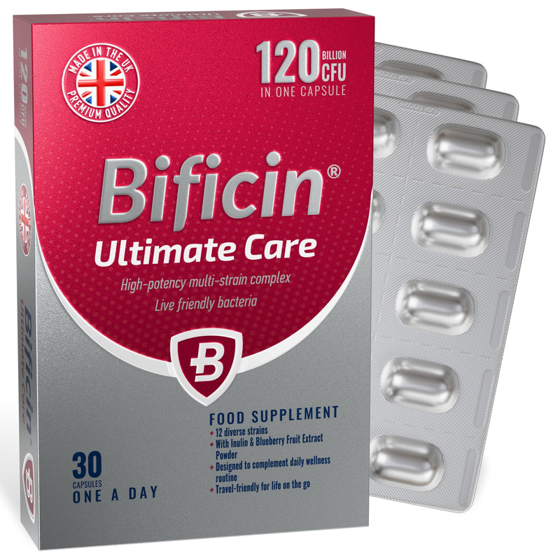 Ultimate Care – High Potency Probiotics and Prebiotics Complex for Gut Health, 30 Capsules - 120 Billion CFU - 12 Live Bacterial Cultures with Bifidobacterium & Lactobacillus