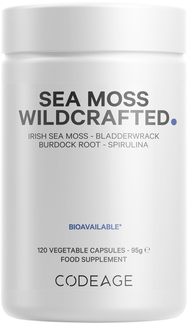 Codeage Raw Wildcrafted Irish Sea Moss Supplement – with Bladderwrack, Burdock Root, Spirulina, BioPerine & Peppermint Oil – Vegan, Non-GMO – Superfood Mineral Complex – 120 Capsules