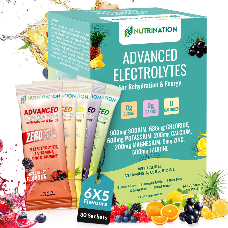 Advanced Electrolytes Sachets – High Strength Hydration Sachets with 5 Electrolytes, 5 Essential Vitamins & 500mg Taurine for Energy Support – Zero Sugar, Zero Calories – Variety Pack of 30 30 Sachets
