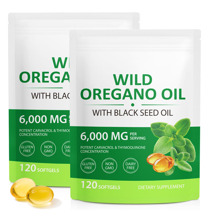 Oregano Oil 240 Softgels - 6000mg 2-in-1 Strength with 300mg Organic Cold-Pressed Oregano & 200mg Black Seed Oil | Non-GMO, Gluten Free Herbal Supplement | Respiratory & Immune Support Oregano Oil 120 count (Pack of 2)