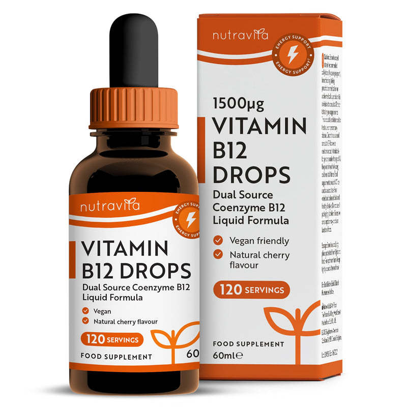 Nutravita Vitamin B12 Drops - 60ml - Vegan Vitamin B 12 Coenzyme Liquid - Natural Cherry Flavour - VIT B12 Liquid Drops - B Complex Methylcobalamin & Adenosylcobalamin - Brain, Heart & Energy