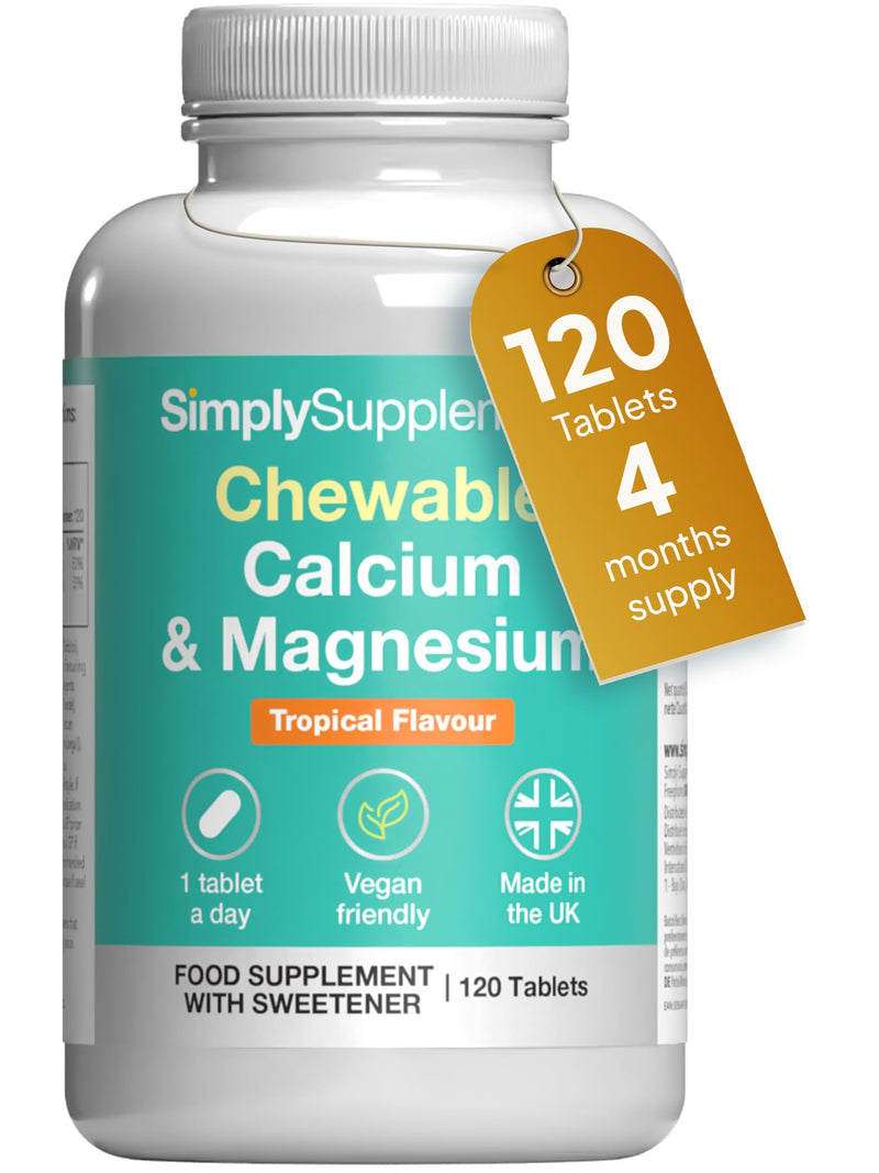 Calcium & Magnesium Chewable Tablets | Supports Bone Strength, Muscle Function & Energy | Tasty Tropical Flavour | Vegan Friendly | 120 Tablets = 4 Months’ Supply | GMP-Certified & UK-Made New Label Design