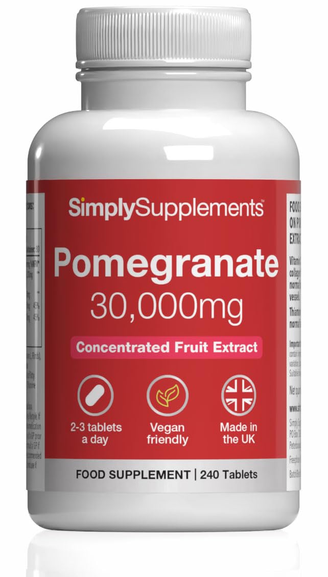 Pomegranate Extract 30,000mg | Supports Immune & Collagen Formation | Vitamin C & B1 for Antioxidant and Immune Support | Vegan & Vegetarian Friendly | 240 Tablets = 80 Days’ Supply | Made in The UK Unflavoured 1 count (Pack of 240)