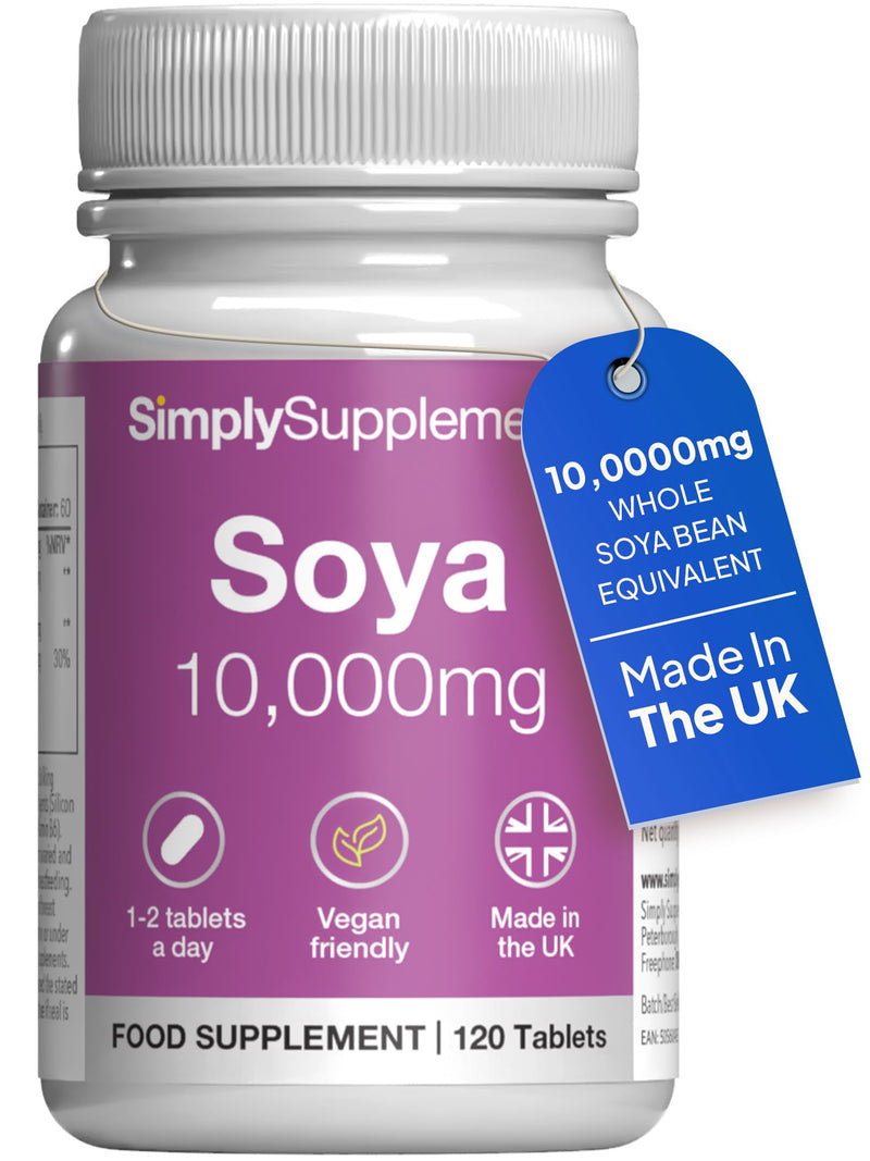 SOYA 10,000mg | Supports Hormonal Balance with Vitamin B6 | Potent Daily Formula | Vegan and Vegetarian Friendly | 120 Tablets = 2 Months' Supply | Manufactured in The UK Unflavoured 1 count (Pack of 120)