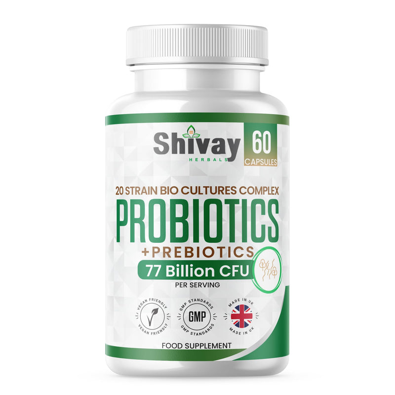 Probiotics & Prebiotic Bio Cultures Complex | 77 Billion CFU | 60 Vegan Capsules - 1 Month Supply | 20 Multi-Strain Gut-Friendly Live Bacteria Supplement | UK Made - Shivay Herbals