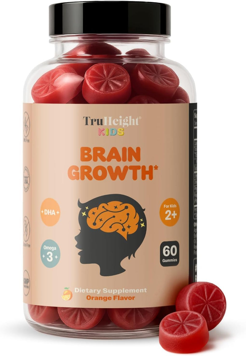 TruHeight Kids Brain Growth Gummies (Orange, Ages 2+) All Natural Kids & Toddler Vitamins - Omega-3, DHA Multivitamin - Brain & Memory Supplements - Gluten Free Supplement Vitamin