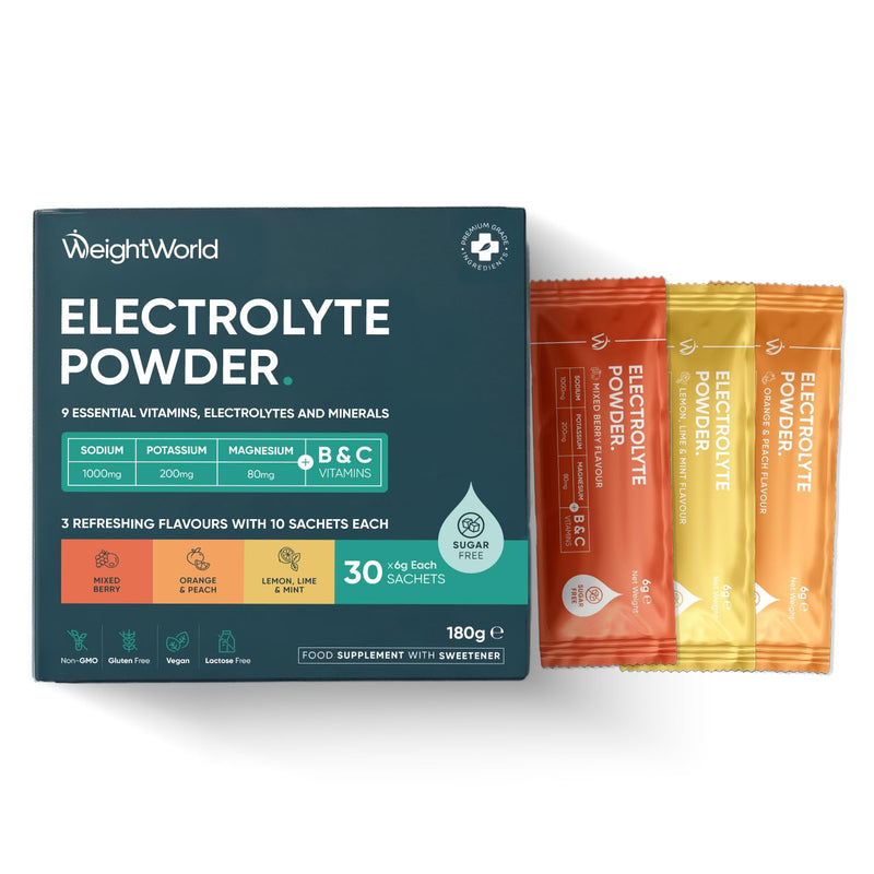 Electrolytes Sachets 1280mg - Pack of 30 - Sugar-Free - 1000mg Sodium, 200mg Potassium & 80mg Magnesium - 6 Vitamins (C, B1, B3, B5, B9 & B12) - 3 Delicious Flavours - Vegan Electrolyte Powder Sachets