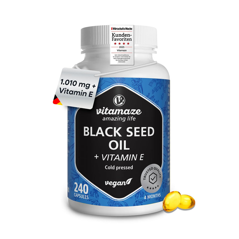 Black Cumin Oil Capsules Cold Pressed 1,010 mg (Nigella Sativa) with Vitamin E, 240 Vegan Capsules for 4 Months, Dietary Supplement without Additives, Egyptian Black Seed Oil, Made in Germany 240 count (Pack of 1)