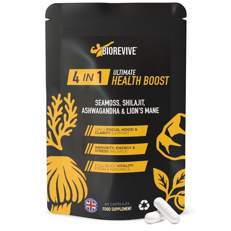 Biorevive Ultimate Health Boost Sea Moss, Shilajit, Lion's Mane and Ashwagandha Complex 60 Capsules Natural Energy, Focus, Immunity and Gut Health Support Wellness Supplement 1 count (Pack of 1)