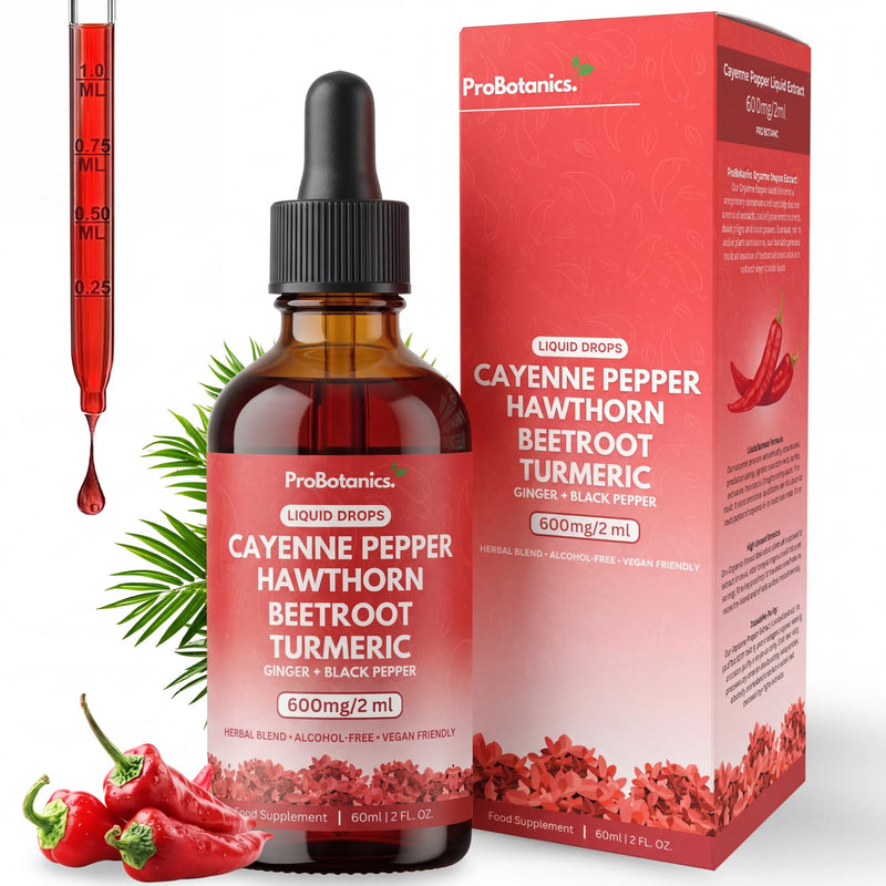 Cayenne Pepper Drops Liquid Extract Supplement | Hawthorn Berry, Turmeric Curcumin, Beet Root, Ginger, Black Pepper for Circulation, Energy and Digestive Health | Alcohol-Free - 60ml