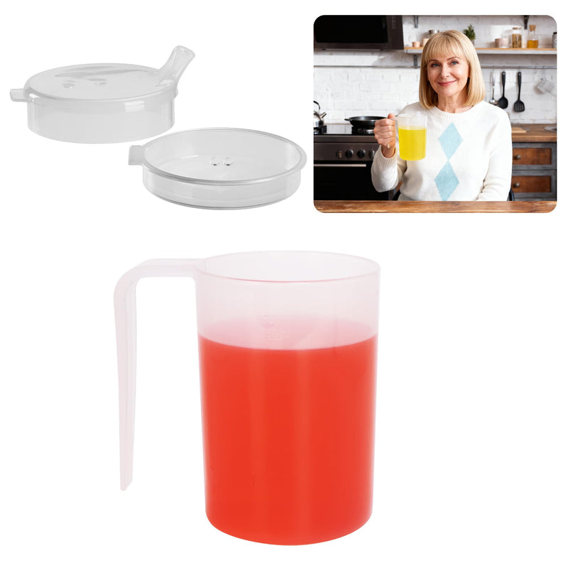 Adult Beaker for Elderly Non Spill, 400ml Sippy Cup for Adults with 2 Lids & Measurement Scale, PP Plastic Drinking Cup for Hot Drinks, Care Home Beaker for Arthritis Stroke Single Handled Drinking Cup