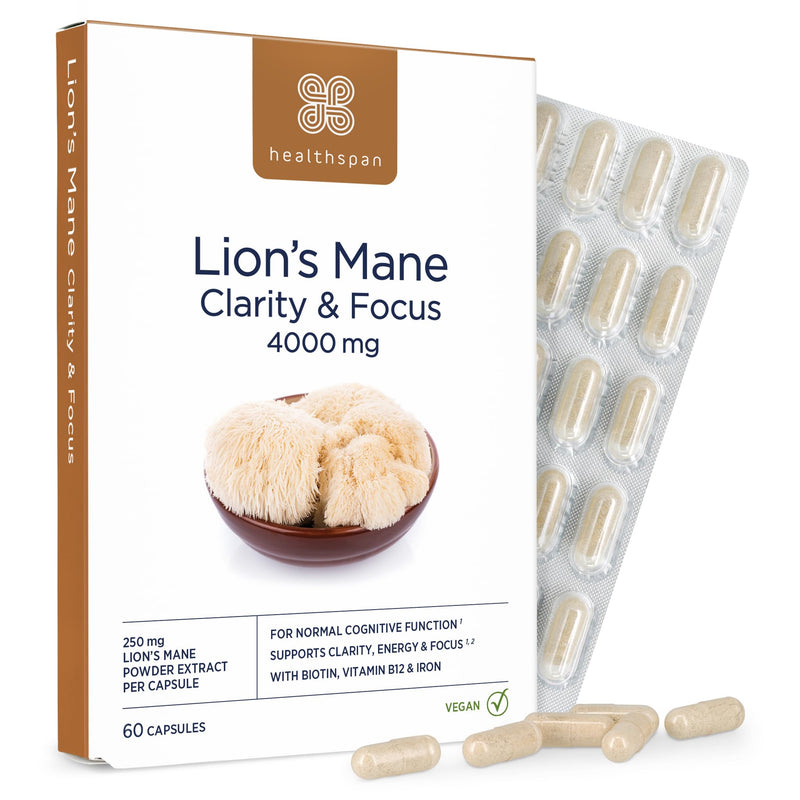 Healthspan Lion’s Mane Clarity & Focus (60 Capsules) | Stay Sharp and Focused | 4000mg Lion’s Mane Mushrooms | Supports Energy and Cognitive Function | with biotin, Vitamin B12 and Iron