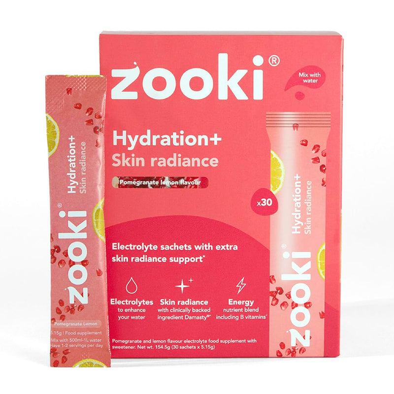 Zooki Electrolytes+ Skin Radiance Hydration Electrolytes Sachets – Pomegranate Lemon Flavour Electrolytes with Damasty Rose Extract, B Vitamins & Vitamin C, Sugar Free Hydration Sachets (30 Servings) 30 servings (Pack of 1)