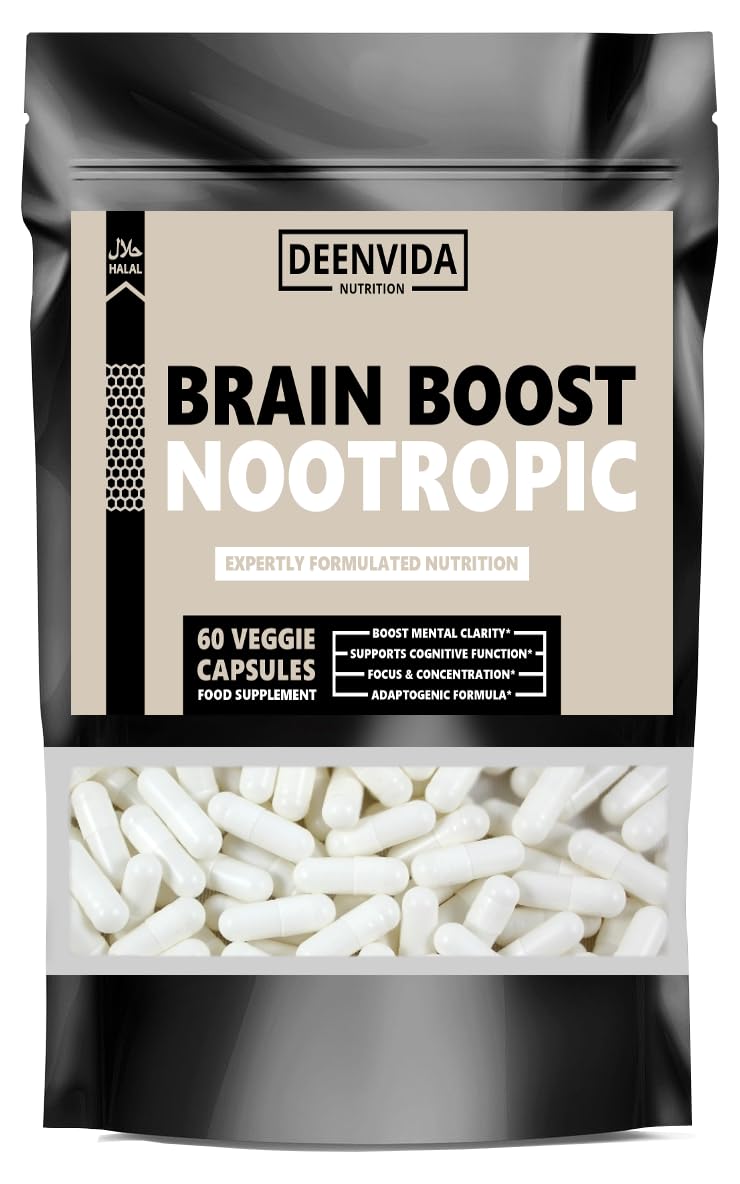 Brain Boost Nootropic Supplement, Supports Cognitive Function, Energy Levels, Focus & Memory Function, 60 Halal Vegetarian Capsules, with Ashwagandha & Chamomile Extract, DeenVida Nutrition