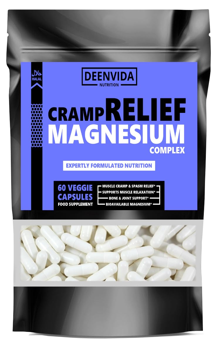 Cramp Relief Supplement, Magnesium Supplement for Muscle & Leg Cramps & Spasms, with Magnesium, VIT D3 & Calcium for Sleep & Muscle Relaxation, Halal & Suitable for Vegetarians, DeenVida Nutrition