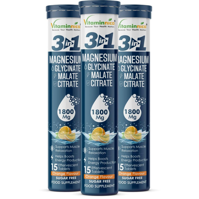 Vitaminnica Magnesium 3-in-1-45 Effervescent Tablets Orange Flavour | High Absorption Magnesium Malate, Citrate & Glycinate – Energy, Muscle Function & Relaxation – Sugar Free
