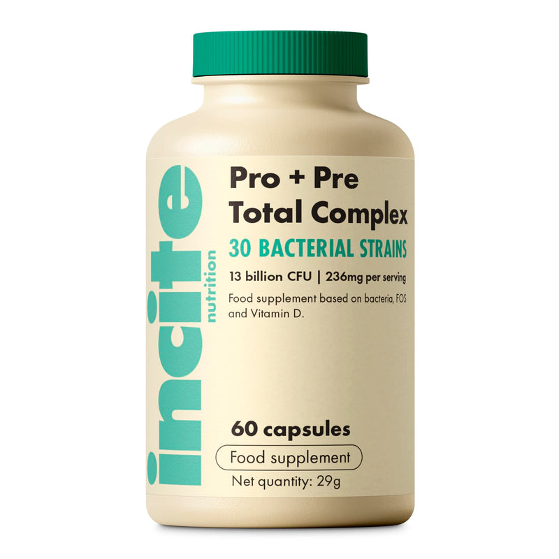 Incite Nutrition Pre + Pro Bio Cultures Complex 13 Billion CFU. 60 Capsules, 1 Month Supply. 30 Bacterial Strains. Supports Gut Health, Digestion, and Immune System. Suitable for Vegetarians & Vegans