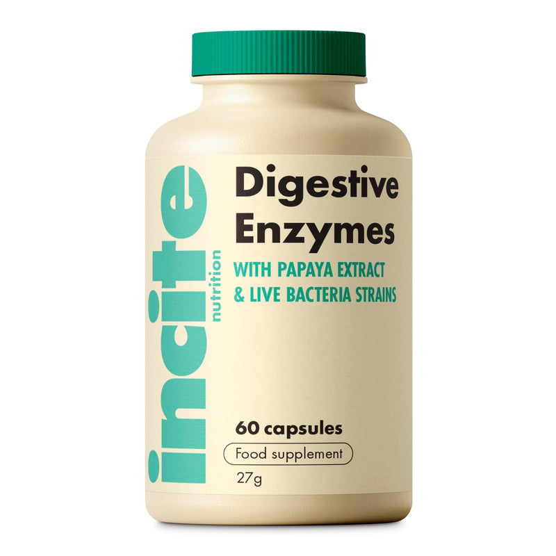 Incite Nutrition Digestive Enzyme Supplements. 60 Capsules, 1-2 Month Supply. 8 Enzyme Complex with Probiotics. Gut Health Support. Anti Bloating Tablets for Women. Suitable for Vegetarians & Vegans