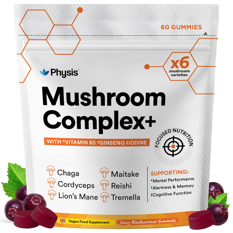 Physis Mushroom Gummies +Vitamin Complex | Attention On Mushroom Blend | Alertness Cognition Memory | Lions Mane Cordyceps Reishi Maitake Tremella Ginseng Iodine Vit B5 | 60 x Vegan Juicy Blackcurrant