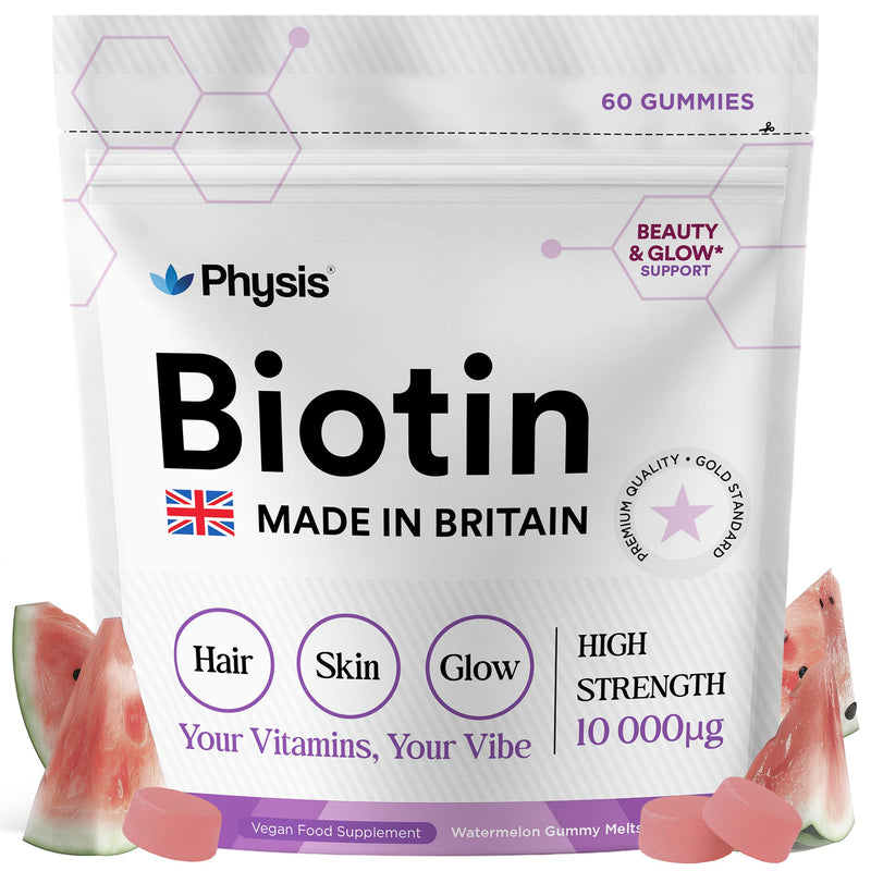 Physis British Biotin Gummies | 10,000mcg High Strength | Hair Skin Nails Vitamins | Natural Growth Supplement | Radiance Health | 60 x Gummies Mouth-Watering Watermelon | Biotin Supplement